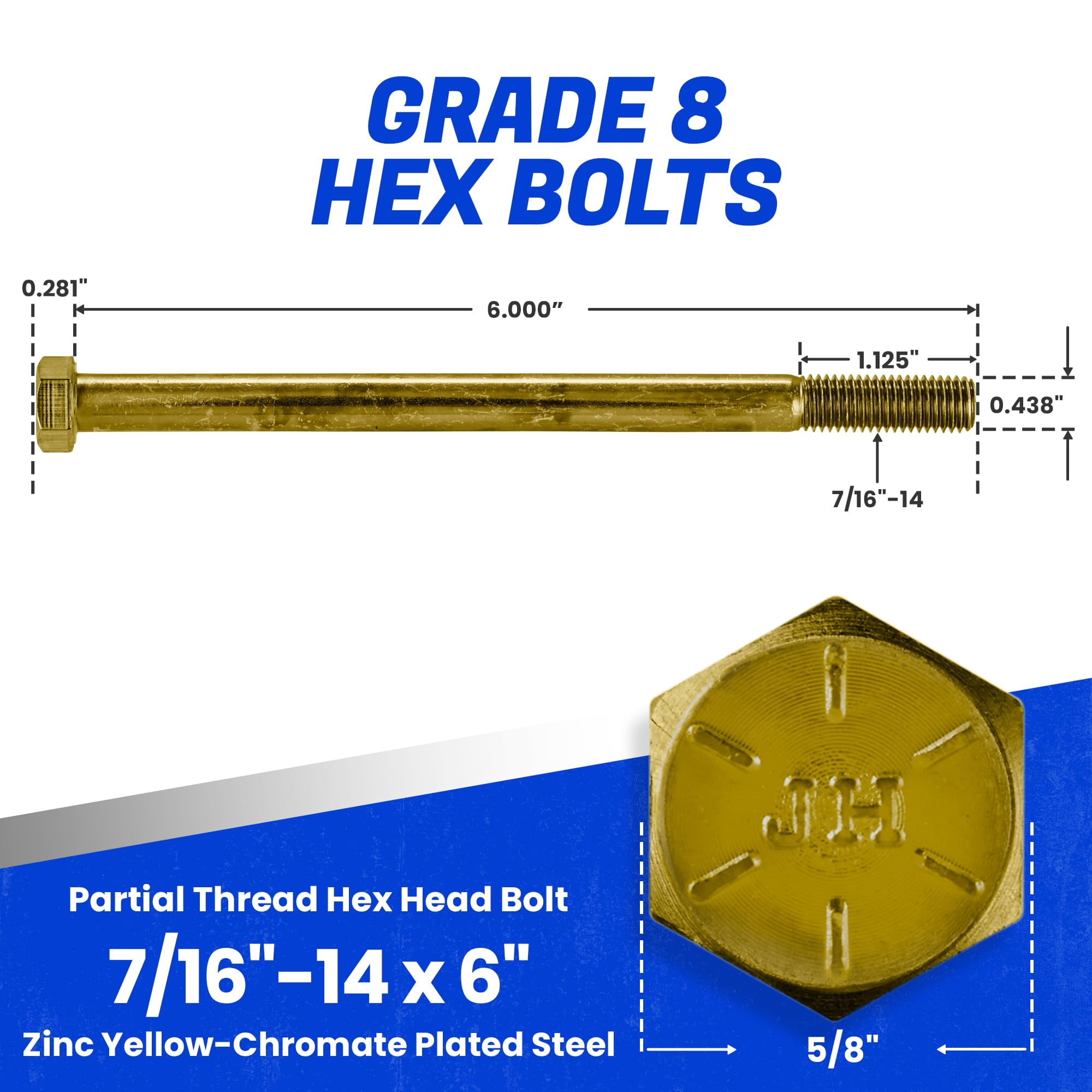 Fastenere 7/16"-14 x 6" Hex Bolts Grade 8 Zinc Yellow-Chromate Plated Steel, Partial Threaded Durable Hex Bolts for Machinery & Construction, Rust-Resistant, Heavy-Duty Fasteners, Pack of 5