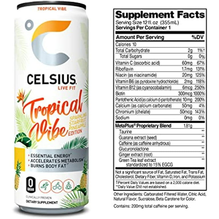does celsius have l carnitine CELSIUS Essential Energy Drink 12 Fl Oz, Sparkling Tropical Vibe (Pack of  12)