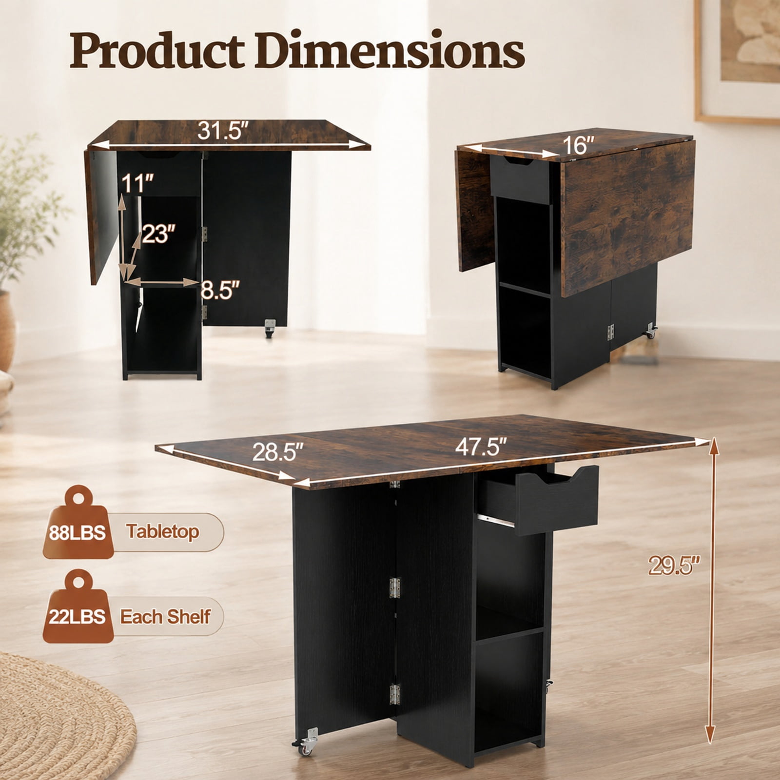 Furnibear 47.5 Inch Farmhouse Extendable Drop Leaf Dining Table with Drawer Two Shelves and Lockable Wheels for Kitchen, Rustic Brown