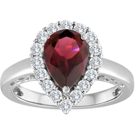 Genuine Garnet and Created White Sapphire Sterling Silver Ring