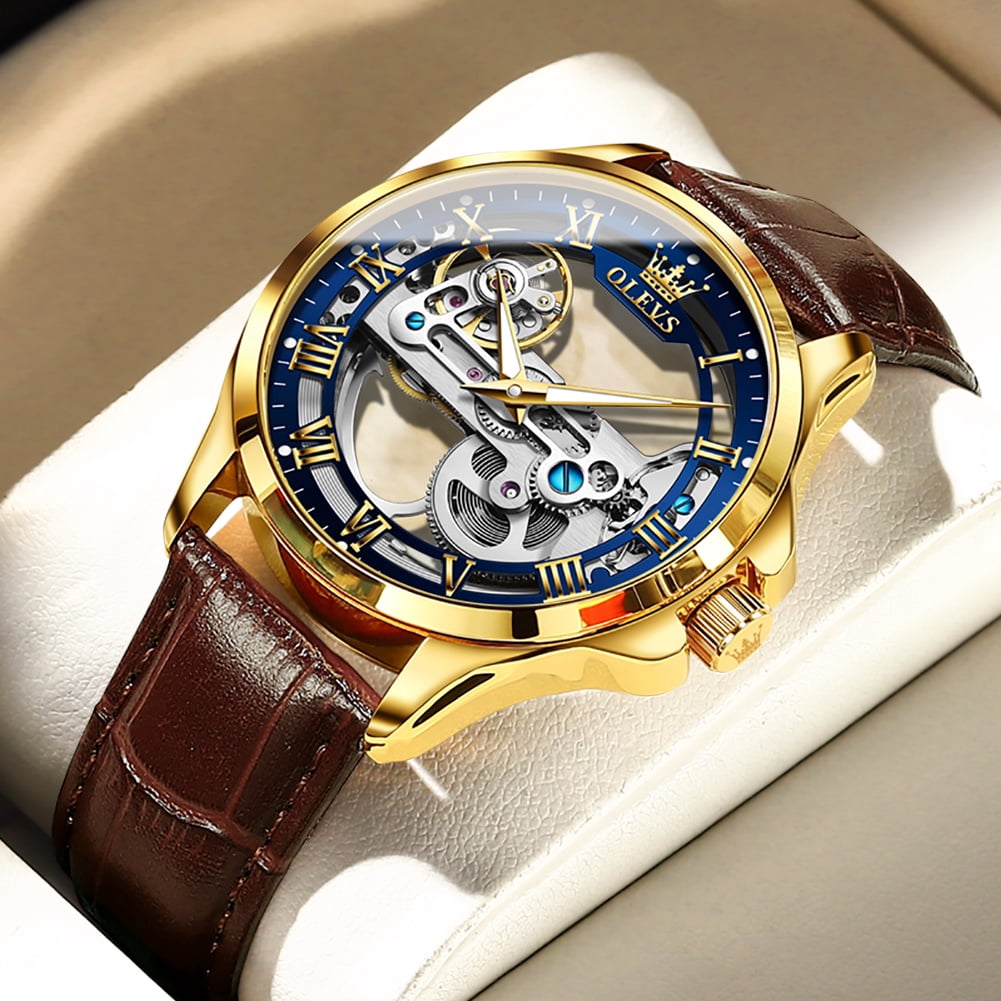 OLEVS Automatic Watches for Men Skeleton Brown Leather Band Large Face Self Winding Mechanical Mens Dress Watches Waterproof Easy to Read Luminous Business Casual Mens Wrist Watches Reloj Para Hombre