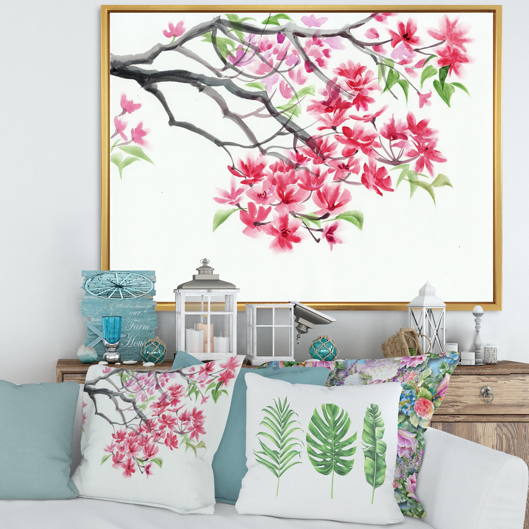 Designart 'Red Blossoming Tree On White' Traditional Framed Canvas Wall Art Print