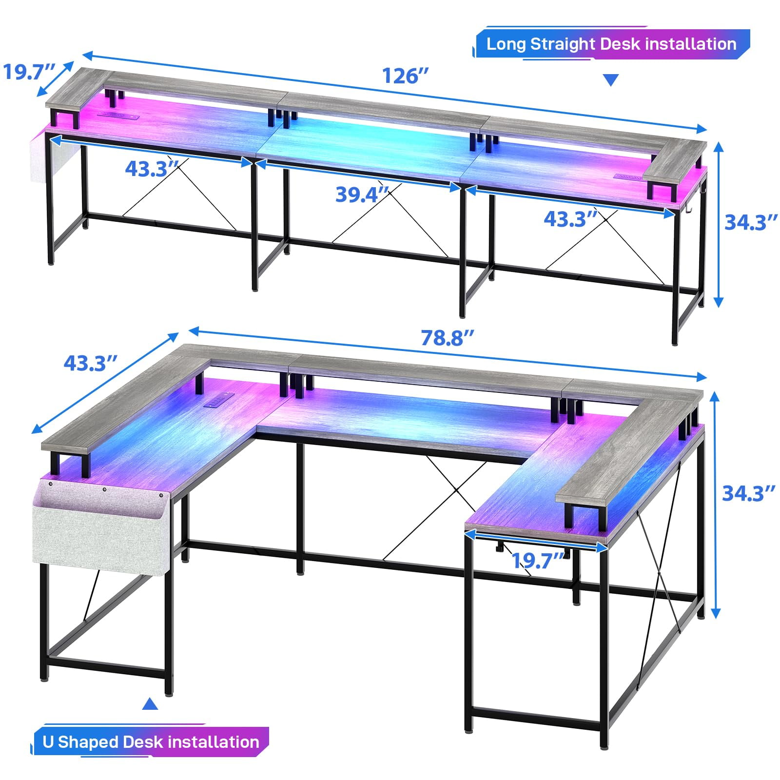 Maritcute U Shaped Computer Gaming Desk, Reversible L Shaped Desk with Power Outlets, LED Strip & Monitor Stand, Large Corner Desk with Storage Shelves for Home Office