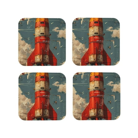 

Yiaed Rusty Rocket Launch Print Leather Coasters for Drinks - Cup Coasters Coffee Table Kitchen Table Bar Home & Office Gifts Handmade Drink Coasters-Square