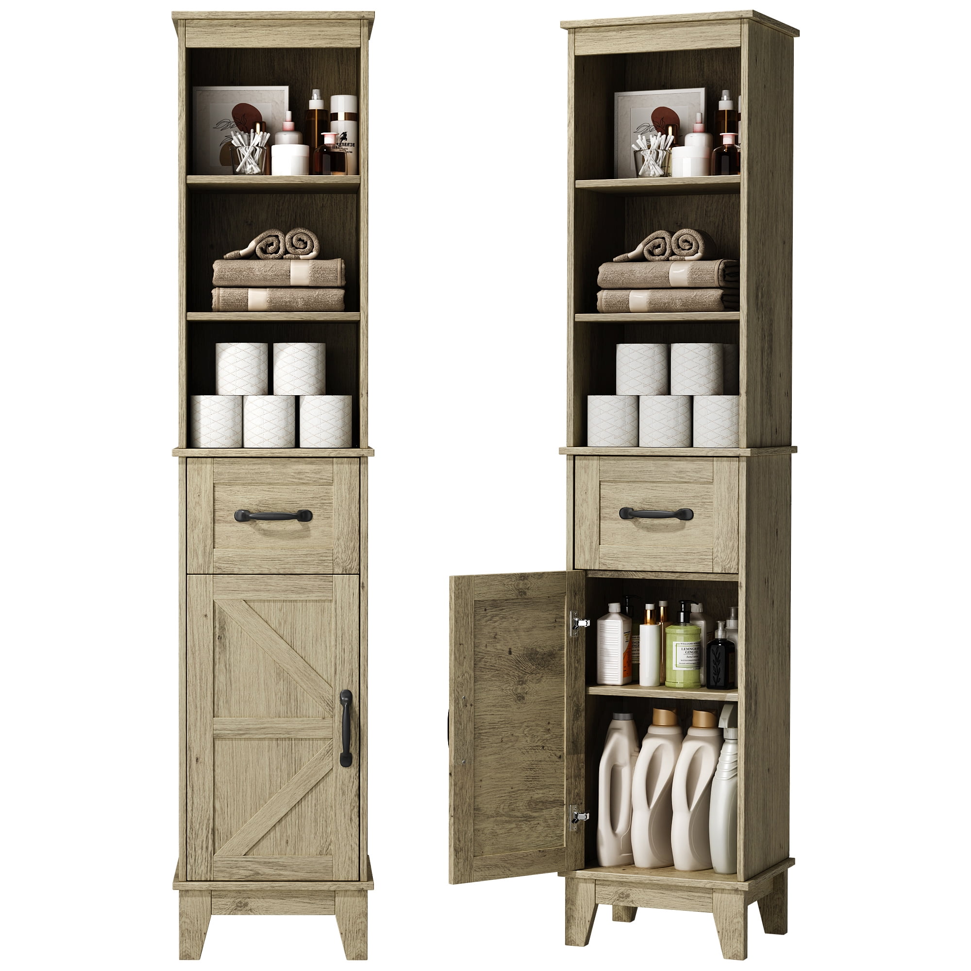 Tall Bathroom Storage Cabinet with Barn Door and Drawer, Narrow Freestanding Linen Cabinet for Bathroom, Gray