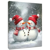 Snowman Wall Art Christmas Winter Red Canvas Wall Art Vintage Two Cute Snowmen Framed Wall Art for Living Room Bedroom Bathroom Home Decor Ready To Hang,8x10 Inches
