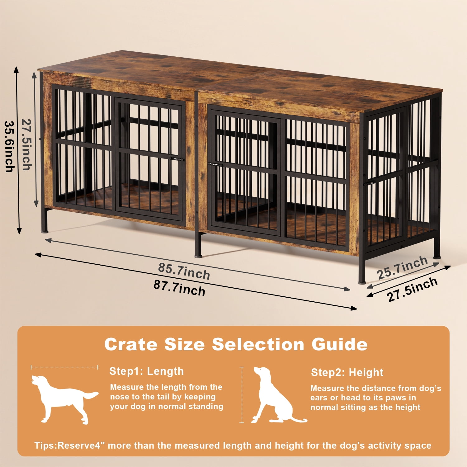 YOKWOK 88 Inch Dog Crate Furniture for Large Dogs with Sturdy Removable Divider, 3-In-1 Extra Large Double Doors Dog Kennel, XXL Thick Wooden Dog Cage Furniture, Brown