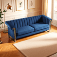thumbnail image 3 of Newest Mid-Century Blue Velvet Sofa 3-Seater - Chesterfield Channel Tufted Design with Gold Metal Legs, Living Room Centerpiece, 3 of 13