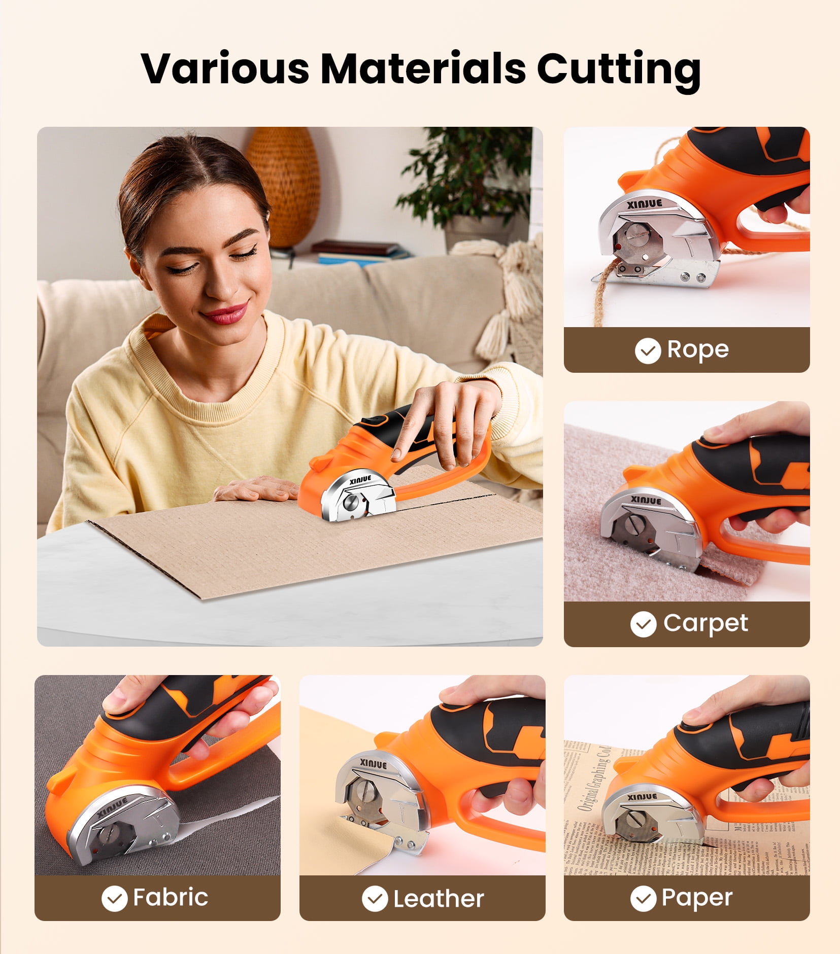 Cordless Electric Scissors, Cardboard Box Cutter Heavy Duty,  4V Rechargeable Power Rotary Cutter with Safety Lock & LED Light for Fabric, Carpet, Paper or Leather, Orange