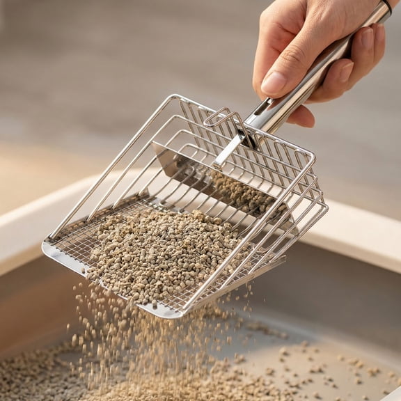 Stainless Steel Cat Litter Scoop with Dual Mesh (5mm/10mm), Heavy Duty Metal Deep Shovel Sifter for Fine & Large Clumps, Fast Sifting Poop Lifter for All Litter Types
