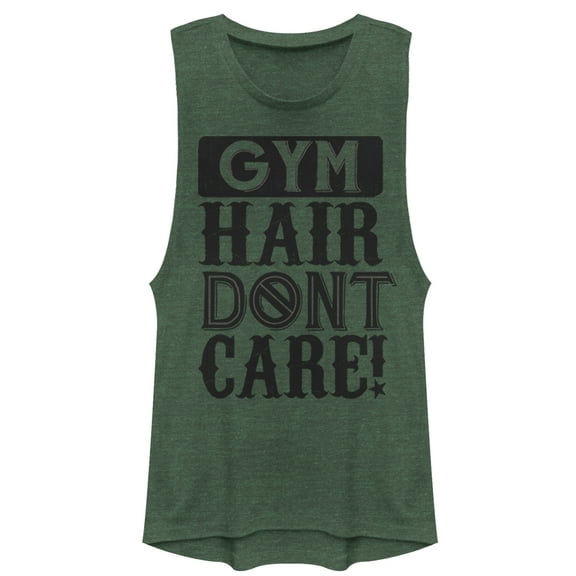 Junior's CHIN UP Gym Hair Don't Care  Festival Muscle Graphic Tee Pine Green Heather Medium
