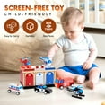 thumbnail image 3 of Rescue Station Kids Playset - 2-Level, 3-Bay Parking Garage Toy Set with Fire Truck, Ambulance, Police Car, and 3 Rescue Helicopters - Wooden Toy Rescue Vehicles for Kids Ages 3 and Up, 3 of 7