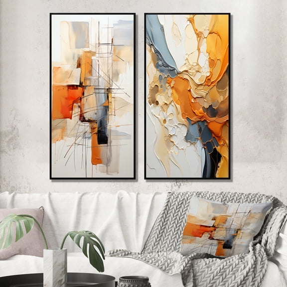 Designart "Orange Grey Line Art modern Expressionism" Line Art Framed Wall Art Set Of 2 - Orange Abstract Framed Canvas Set For Living Room Decor
