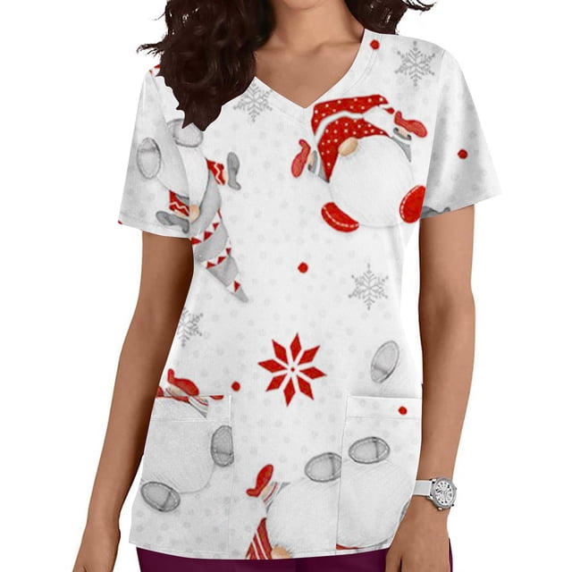 EGNMCR Hauts de Sarrau d'Infirmière pour Femmes, Uniforme de Travail Imprimé de Noël, Manches Courtes, Col en V, Blouse T-shirt de Tenue de Travail avec Poches, Costumes de Noël