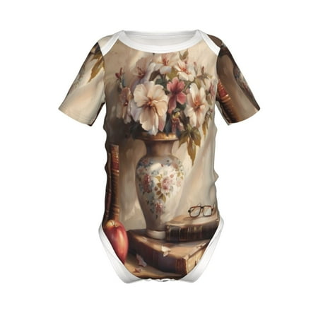

Adobk Vintage Floral Vase With Books Print Baby Climbing Clothes Jumpsuit Rompers Classic Rompers Child Short sleeve Bodysuits-12 Months