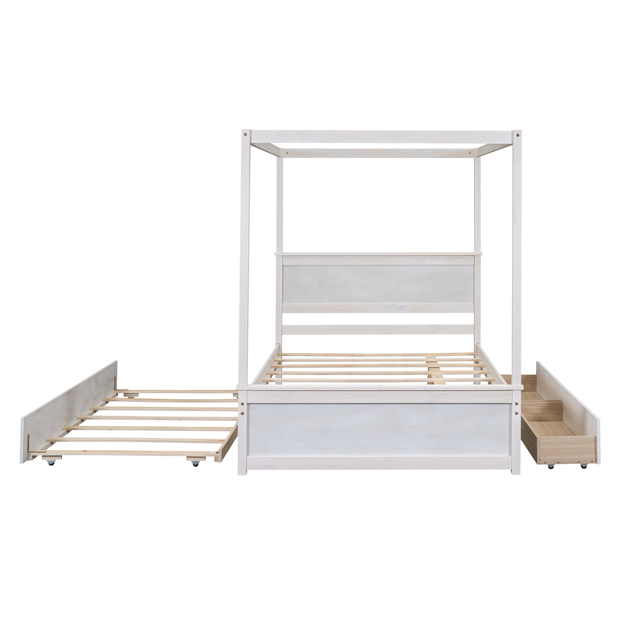 Aukfa Full Size Canopy Bed Frame with Trundle and 2 Storage Drawers, Wood Platform Bed with Headboard - White