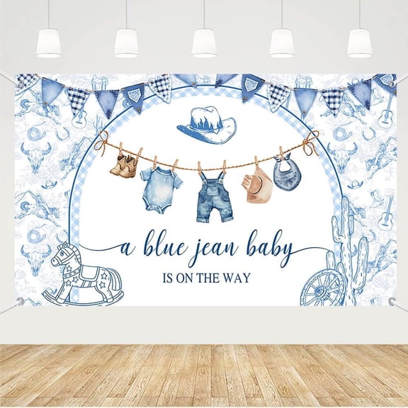 5.9x3.6FT Blue Jean Baby Shower Backdrop A Blue Jean Baby is on The Way Photography Background Western Cowboy Denim Cloth Baby Shower Party Decorations Banner Photo Booth Props