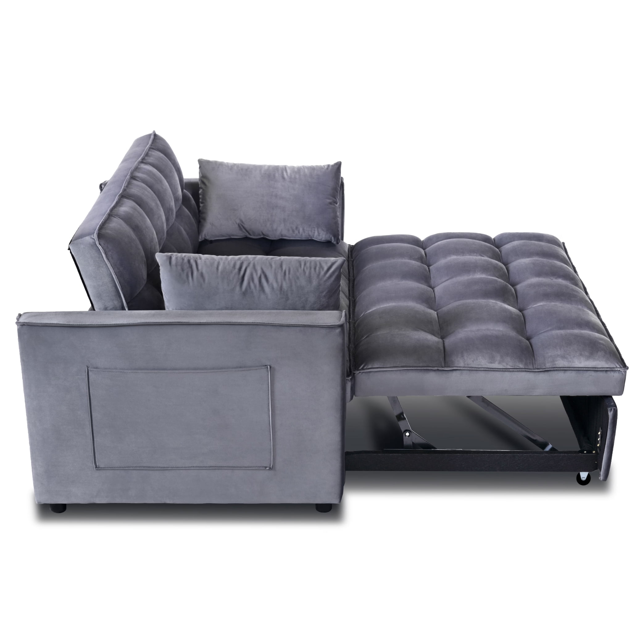 MAYEERTY Convertible Sofa Bed, Velvet Pullout Couch with Adjustable Backrest, Grey