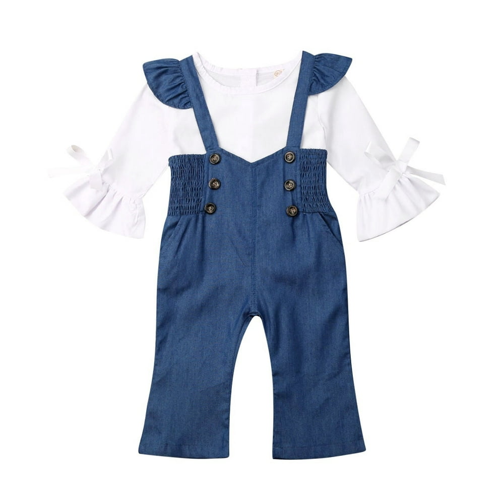 Infant Kid Baby Girl Flare Sleeve Top Strap Trousers Jeans Pants ...
