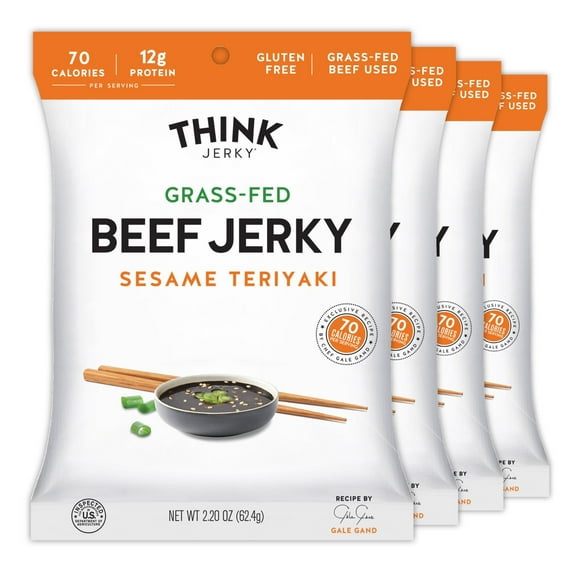 Think Jerky Sesame Teriyaki Beef Jerky, Grass-Fed High Protein Beef Jerky, Gluten Free, No Antibiotics or Nitrates, Healthy Chef Crafted Recipe, Low Calorie and Low Fat - 2.2 oz Bags, 4 Pack