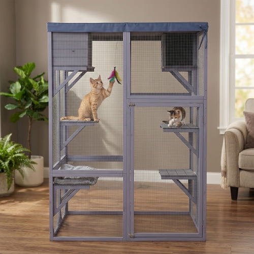 Outdoor Wooden Cat Enclosure with 4 Platforms and 2 Napping Houses, Multi-Level Cat Cage with Stepped Design for Patio Balcony, Gray