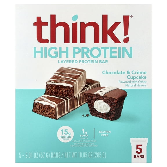 Think ! High Protein Layered Bar, Chocolate & Creme Cupcake, 5 Bars, 2.01 oz (57 g) Each