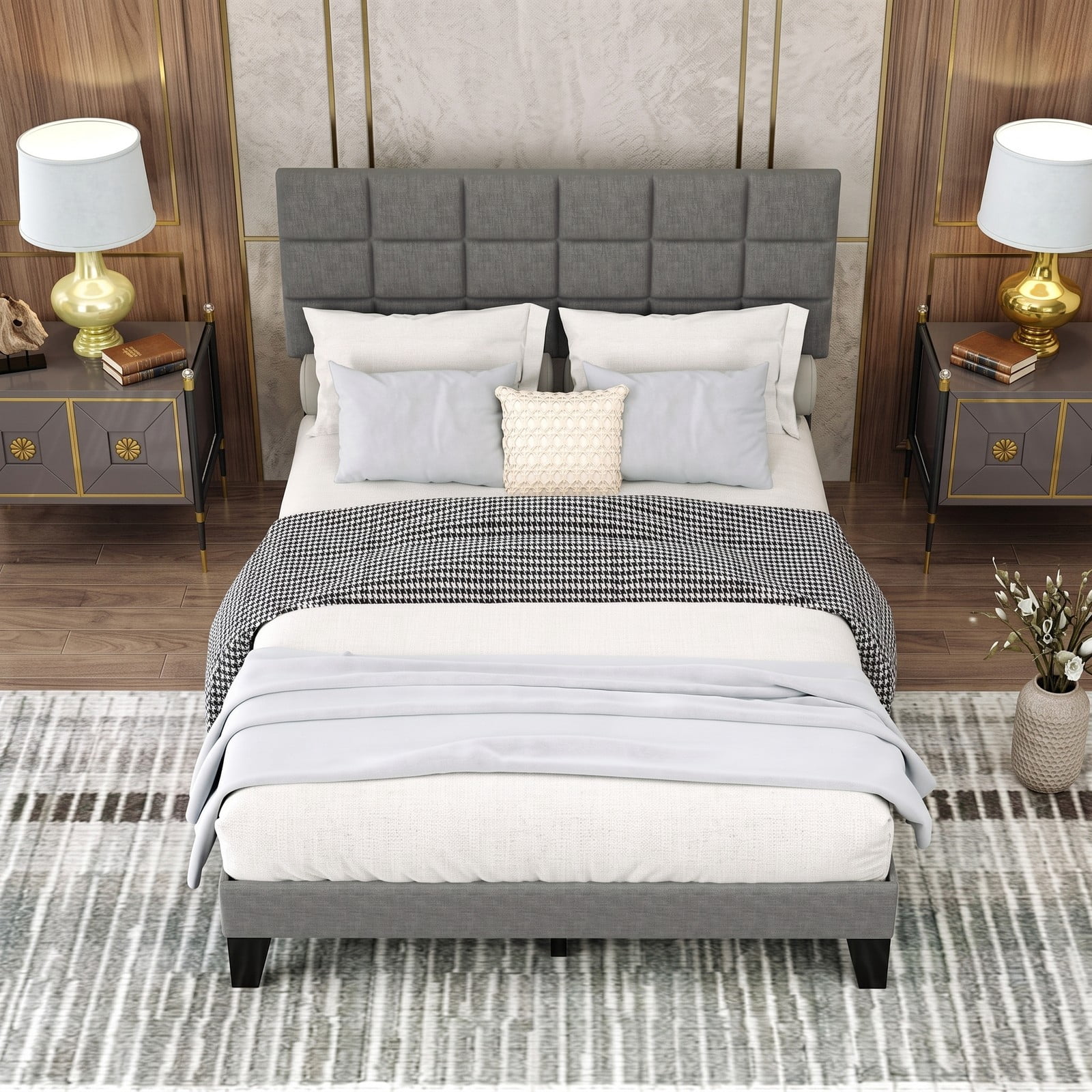 Furnibear Queen Size Bed Frame, Upholstered Linen Platform Bed with Adjustable Square Tufted Headboard and Wood Slats for Bedroom, Gray