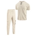 thumbnail image 4 of HBGVBA Men Fashion 2 Piece Outfit Solid Color Knit Short Sleeve V-Neck T-Shirt Cargo Long Pants Set, 4 of 5