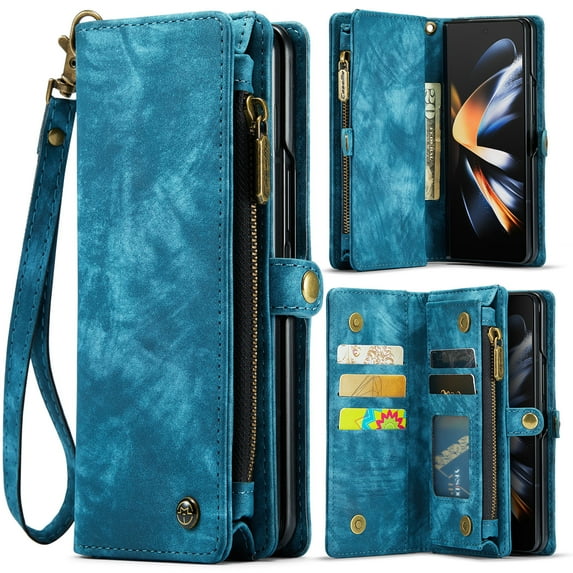 Frusde Compatible with Samsung Galaxy Z Fold 4 Wallet Case with Strap Wristlet Leather Flip Zipper Kickstand Case-Blue