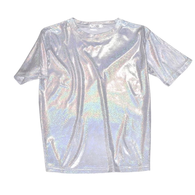 Top brillante de cuello redondo y manga corta para mujer - Camiseta informal de tejido fino, poliéster/spandex, tallas S-XXXXXXL, para todas las estaciones