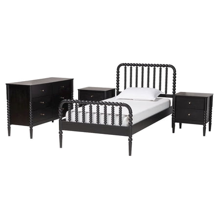 Baxton Studio Lucera Mid-Century Black Full Size 4-Piece Bobbin Bedroom Set