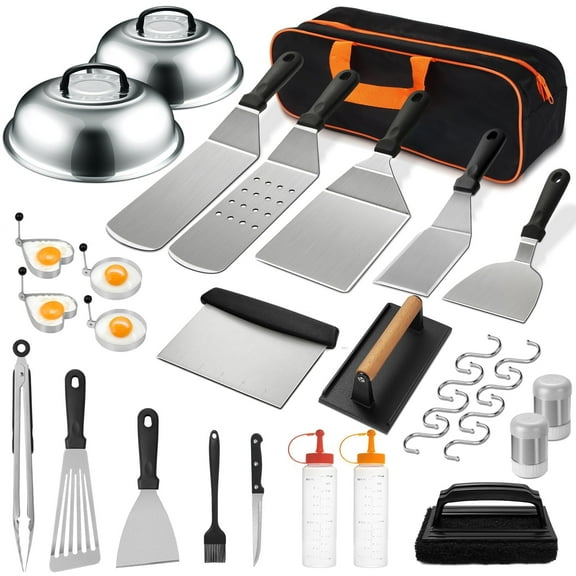 Mibote 35PCS Stainless Steel BBQ Tools Kit, Flat Top Griddle Accessories with Spatulas, Basting Cover, Scraper - Great
