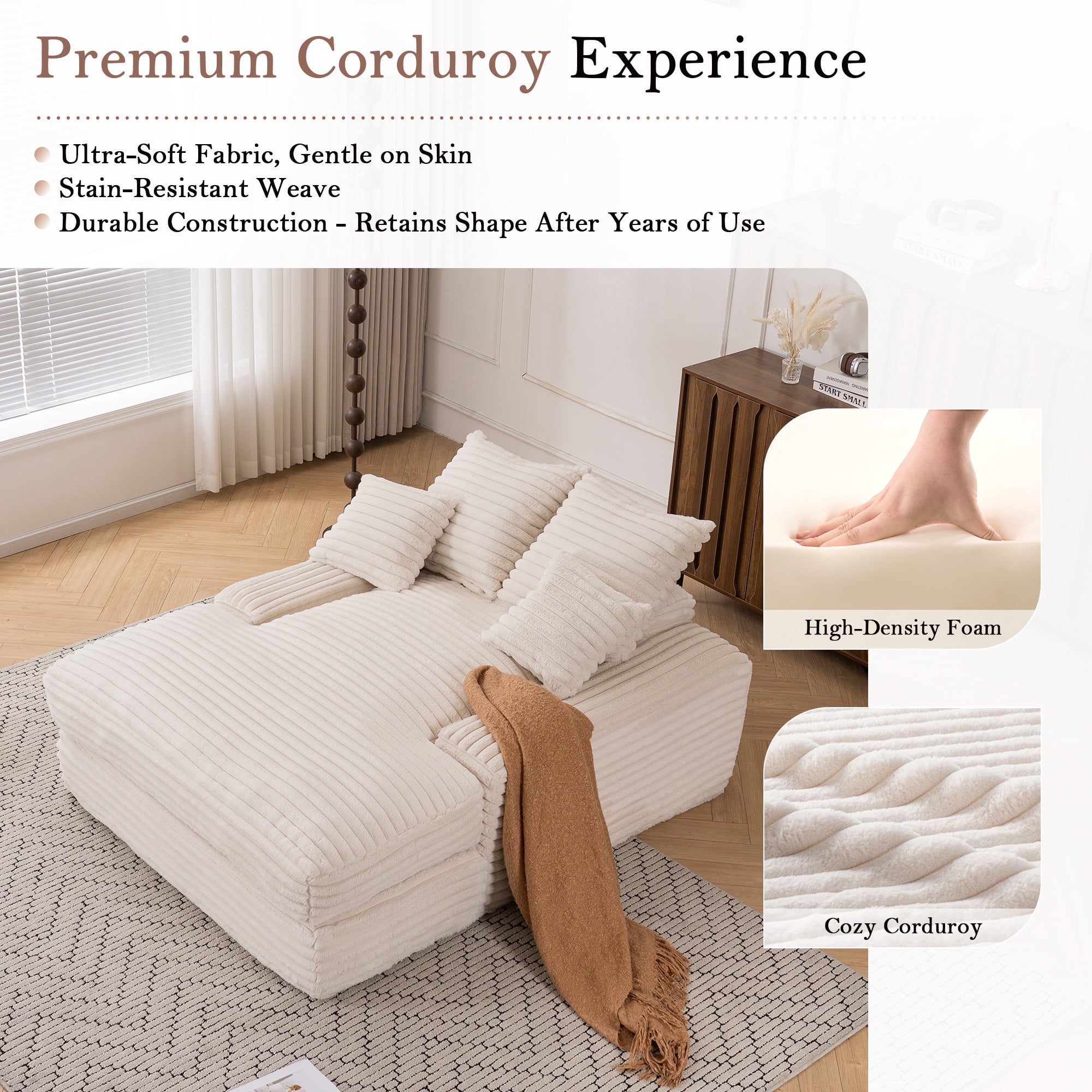 MOONMISS 69in Corduroy Chaise Lounge Sofa Bed with 4 Pillows,No Assembly Chair Bed for Small Space Living Room Apartment,Beige