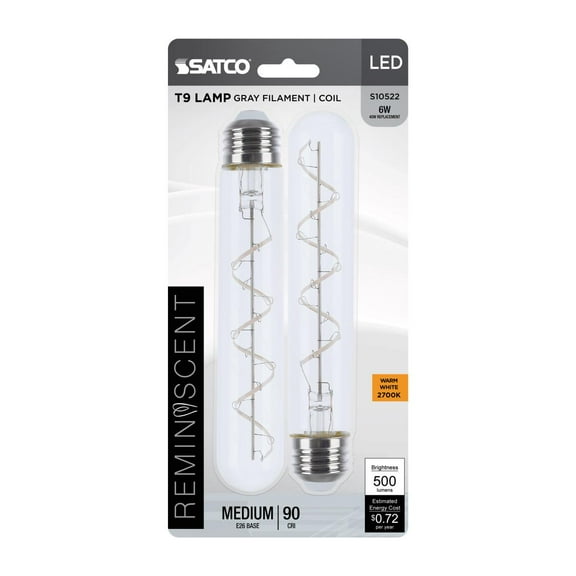 Satco S10522 - 6 Watt LED Flex Gray Coil Filament T9 Tube Light Bulbs - 2700K (Pack of 2 Bulbs)