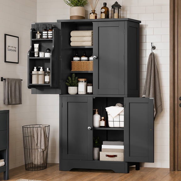 TEENFON 51.2" H Pantry Cabinet with 4 Doors, Small Kitchen Storage Cabinet with 4 Door Shleves, Kitchen Pantry for Living Room, Dining Room, Black