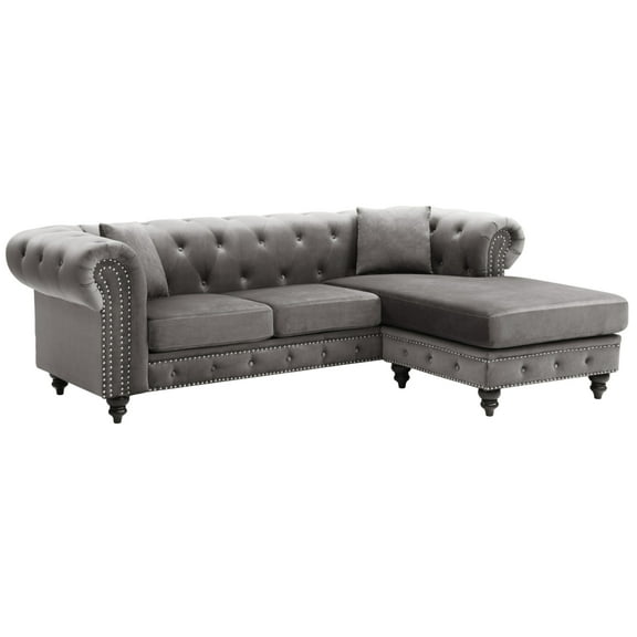 Passion Furniture Nola 98 in. Dark Gray Velvet L-Shape 3-Seater Sofa with 2-Throw Pillow
