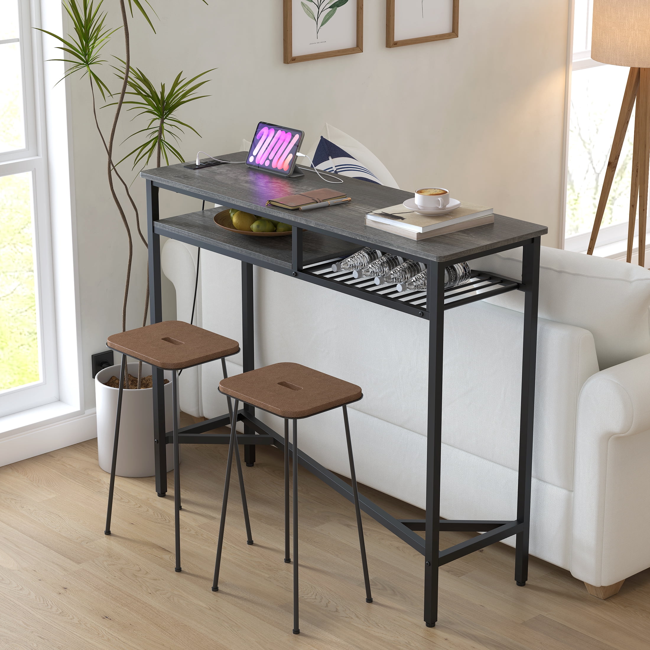 Yoneston 47.25" Bar Table with Charging Station, Rectangular High Kitchen Dining Counter Table with 2 Storage Shelves for Living Room Office Balcony, Black Oak