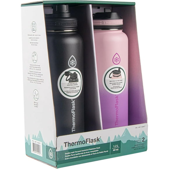 Thermoflask 40 oz Stainless Steel Insulated Water Bottles with Straw and Spout Lids, 2-Pack, Black/Rose Purple