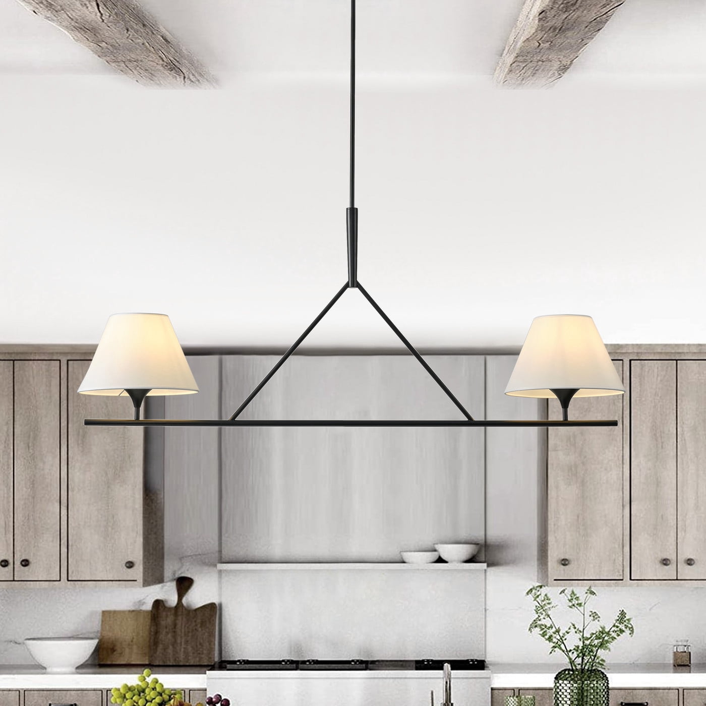 Aiwen 2-Light Linear Industrial Pendant Light with Black Finish and Bell Glass Shade for Kitchen Island Living Room