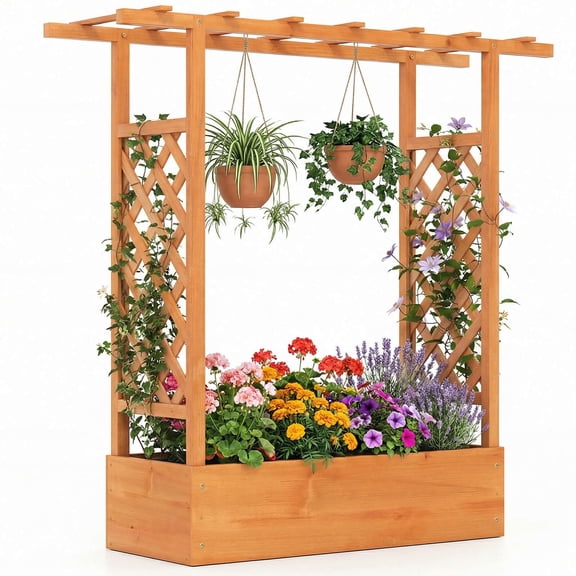 Wooden Raised Garden Bed w/Trellis & Hanging Roof, Versatile Drainage Holes for Plants