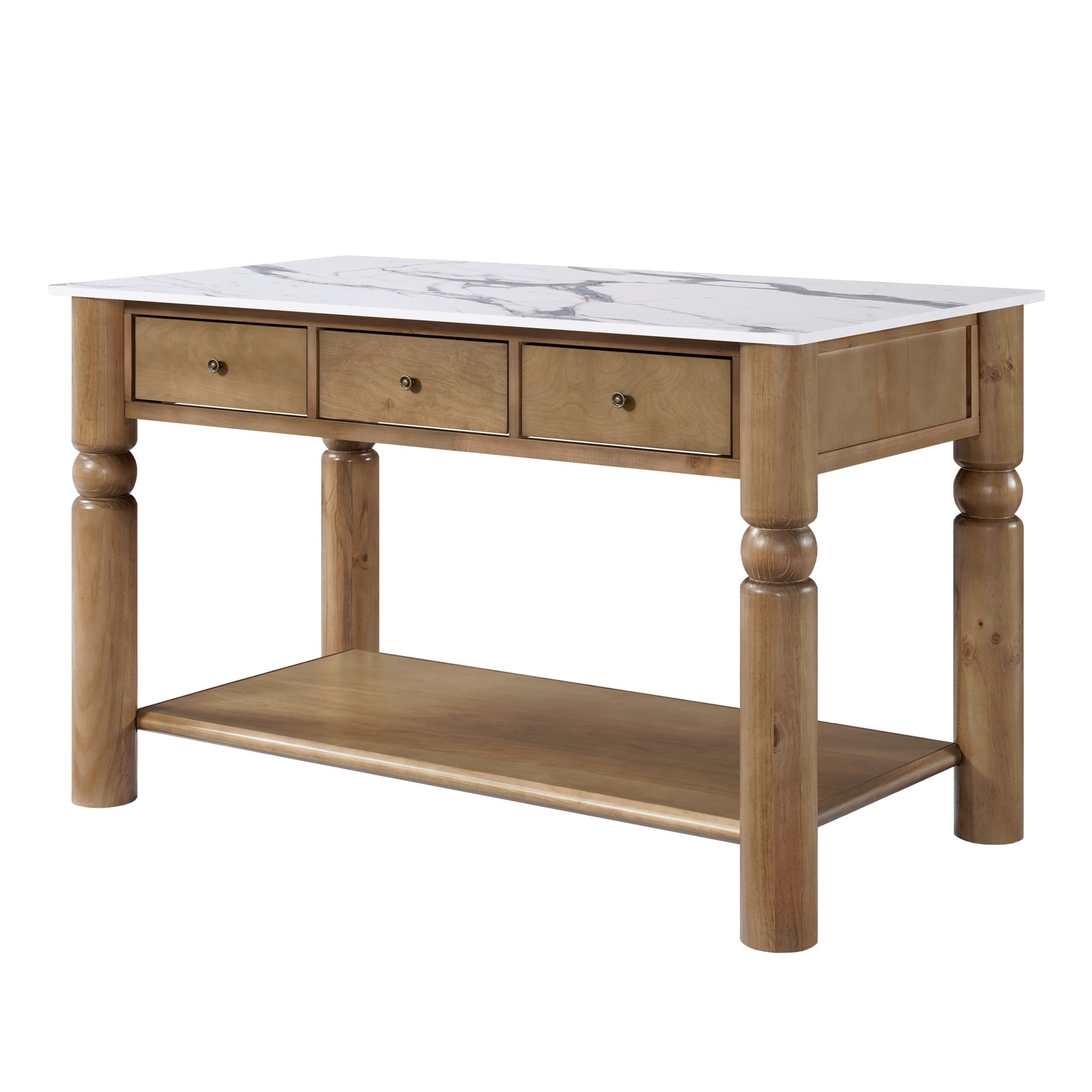 Christopher Knight Home 58" Wooden Kitchen Island, Marble-Look Top, Turned Ball Legs, Walnut+White