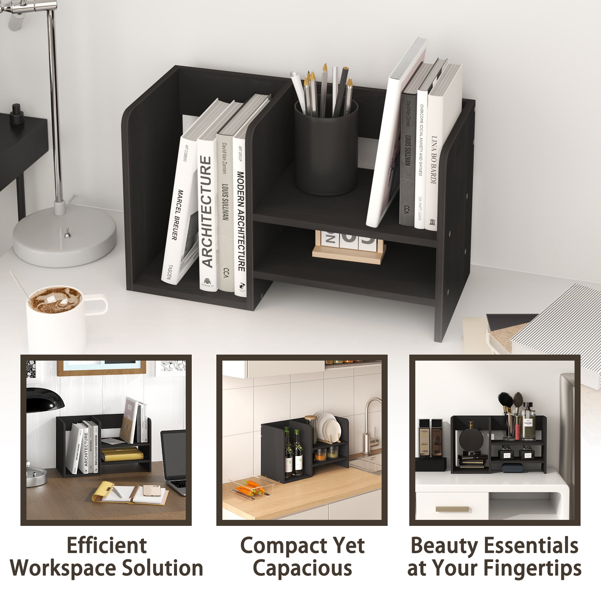 HOMLUX Desk Organizer Office Shelf with Compartment Stores Open Storage for Bedroom Kitchen, Espresso