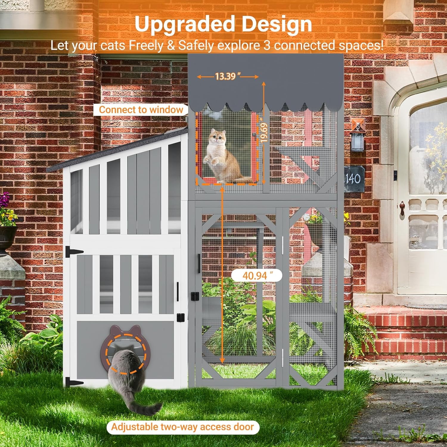 HomeSheek 3-Tier 69" H Outdoor Cat Enclosure, Weatherproof Roof, Window Access & Adjustable Two-Way Hole, Large Feral Shelter Indoor/Outdoor Use