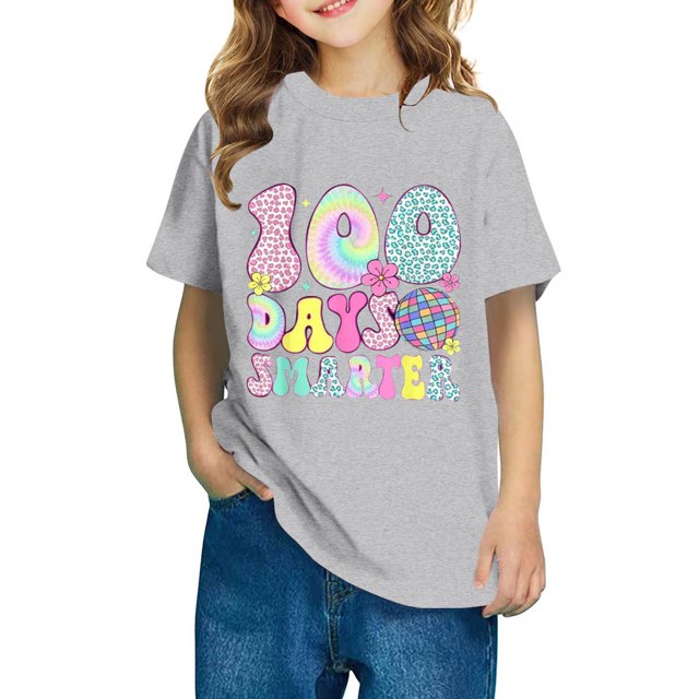 Fiudx Camiseta para Niños, Mezcla de Poliéster Suave, Cuello Redondo, Manga Corta, Cómoda, Informal, para Uso Diario, para Niños y Niñas, Diseño "100 Días de Clases", para Usar En Las Cuatro Estacion