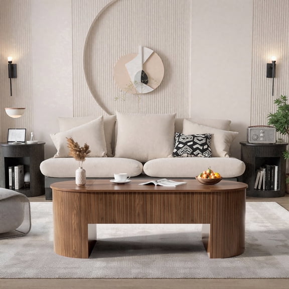 Lift Top Coffee Table with Storage, Oval Center Table with Hidden Compartment, Modern Coffee Table for Living Room, Walnut