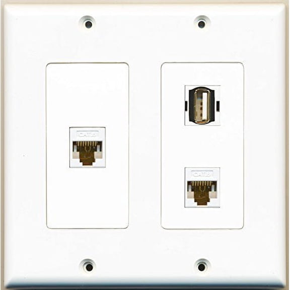 RiteAV - 1 Port USB A-A 2 Port Cat6 Ethernet White - 2 Gang Wall Plate