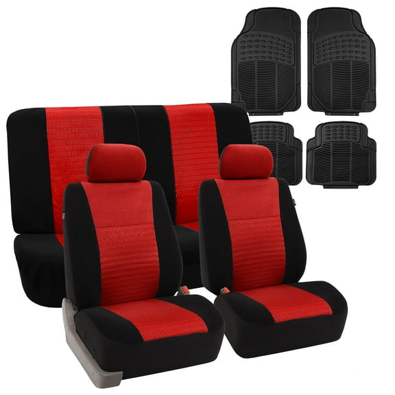 FH Group Full Interior Set Red Seat Covers for Auto w/ Black Floor Mats Combo