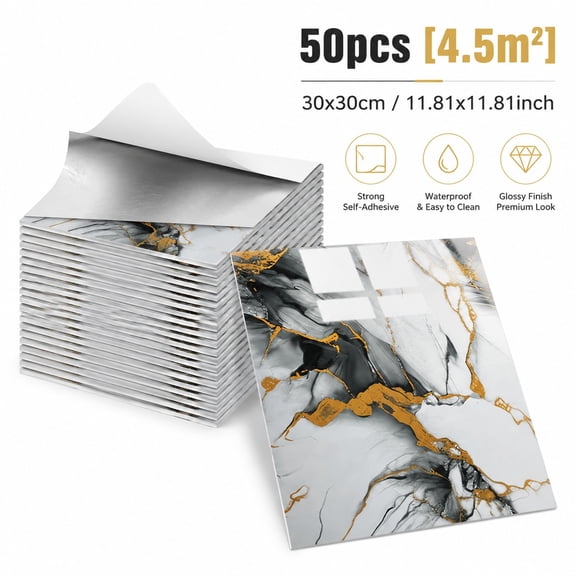 50 Pcs Self-Adhesive Marble Tile Sheets-Waterproof Oil-Proof Peel And Stick Backsplash, Wall Tiles For Kitchen Bathroom Living Room, Moisture-Resistant Peel And Stick Wall Panels