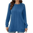 thumbnail image 4 of Ahdbta Women's Sweatshirts Long Sleeve Crewneck Pleated Front Pullover Tops Solid Color Button Decor Trendy Side Split Tops, 4 of 6
