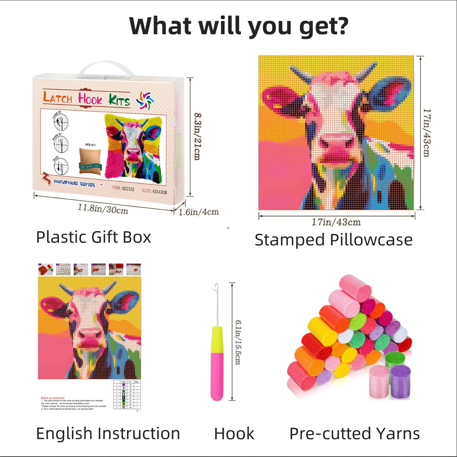 Colored Dairy Cow DIY Latch Hook Pillow Kits for Adults Printed Pillowcase Crochet Yarns Hooking Handmade Pillow Cover Cushion for Home Sofa Decoration 17x17inch